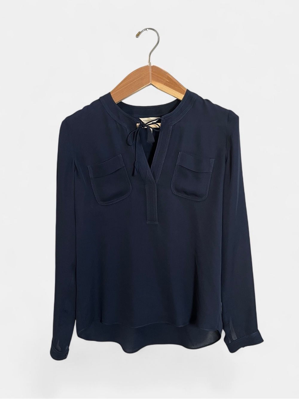 Rebecca Taylor Navy Blue Silk Tie-Neck Utility Blouse 100% silk blouse size 0 - Picture 2 of 7